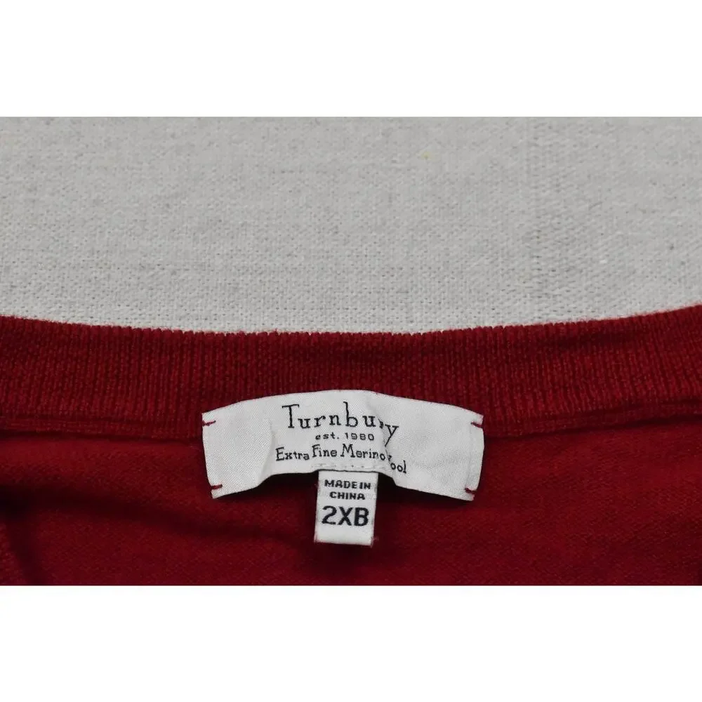 Turnbury Men's 2XB Red V-Neck Sweater 100% Extra Fine Merino Wool Pullover Big &